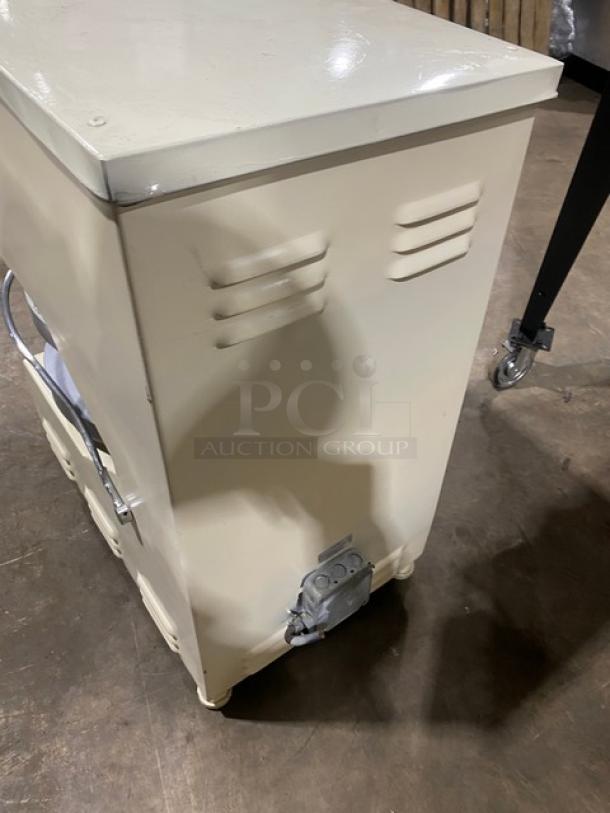 Morello commercial white electric pizza dough spinner/stretcher/press machine on legs. Visible power switch. Excellent condition.