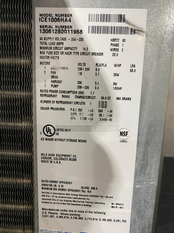 Ice-O-Matic ICE Series stainless steel ice machine, model ICE1006HA4. Serial: 13061280011968. Air-cooled, electric, half-cube maker, on legs.