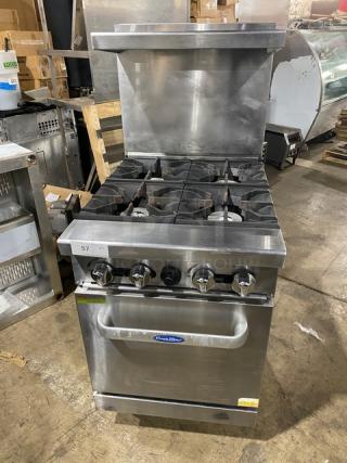 CookRite stainless steel 4-burner gas range/oven combo with backsplash, overhead salamander shelf, and wired oven rack on casters.