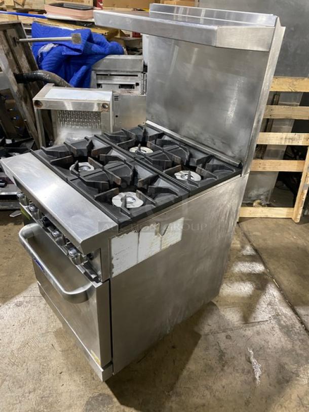 CookRite stainless steel 4-burner gas range/oven combo with backsplash, overhead salamander shelf, wired oven rack, and casters.