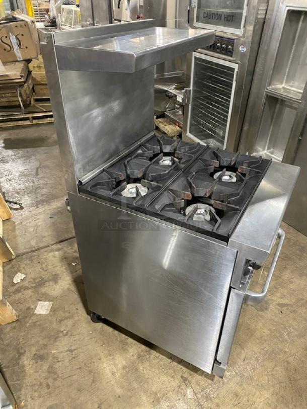 CookRite stainless steel 4-burner gas range/oven combo with backsplash, overhead salamander shelf, wired oven rack, on casters.