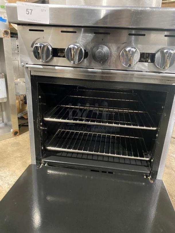 CookRite by Atosa commercial stainless steel 4-burner gas range/oven combo with backsplash, salamander shelf, and wired racks.