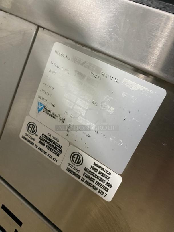 Commercial stainless steel bakery display case, slanted glass, multi-tier, rear double glass sliding doors, on legs, ELT listed.