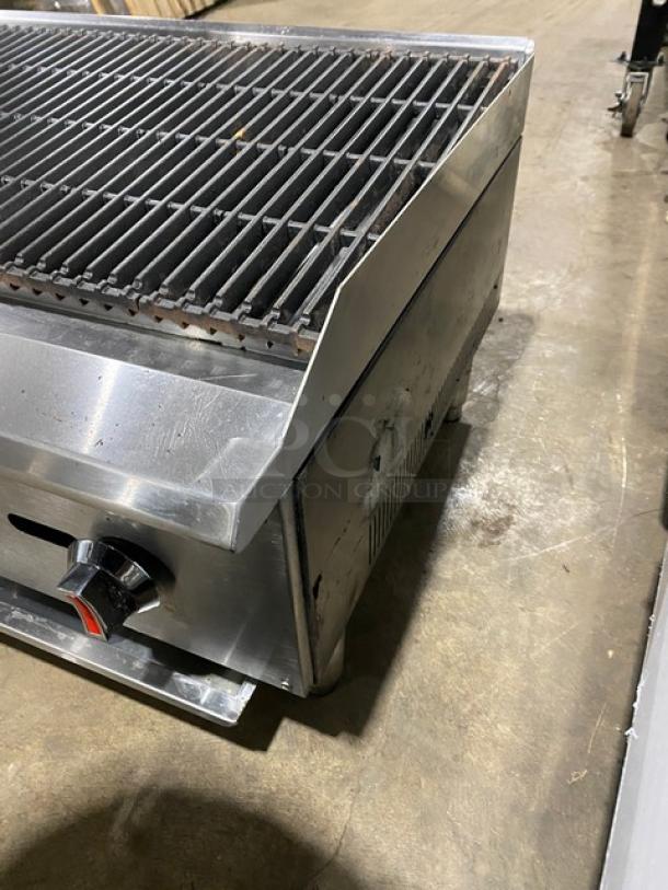 Cookline Commercial 60" Stainless Steel Gas Char Broiler with radiant heat, features heavy-duty construction, on legs.