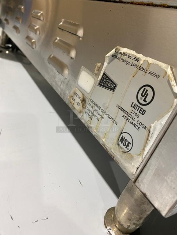 Cecilware EL1636 stainless steel electric griddle with thermostat, back & side splash, UL and NSF listed, on legs.