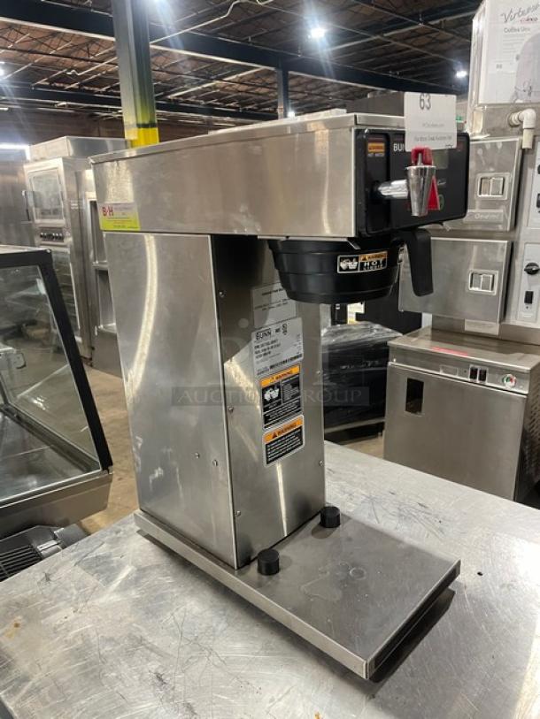 Bunn AXIOM Series stainless steel automatic coffee brewer with hot water dispenser, digital controls, and heavy-duty brew basket. Model AXIOM-DV-APS.