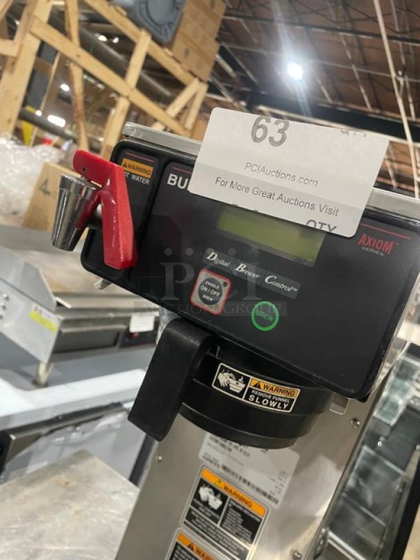 Bunn AXIOM-DV-APS commercial coffee brewer with digital controls and hot water dispenser. Stainless steel, preowned condition.