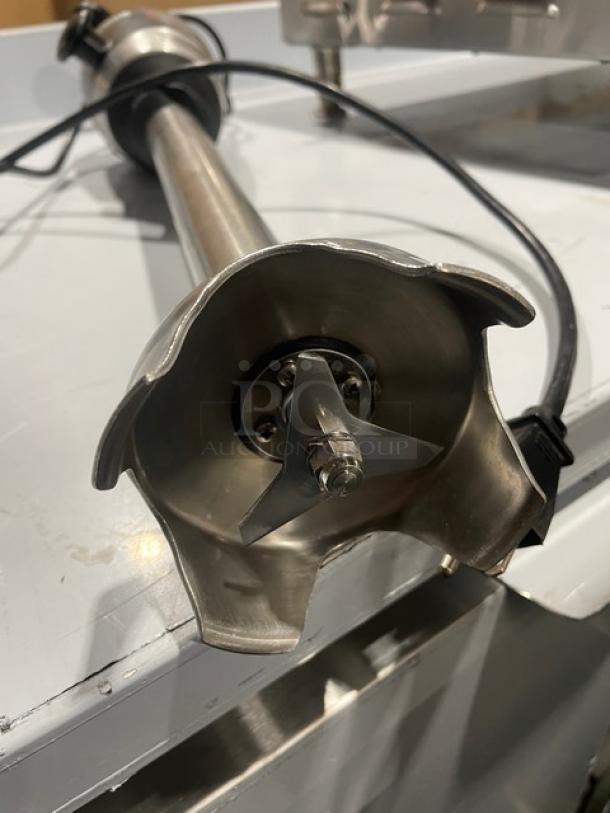 Waring Commercial Handheld Immersion Blender, Model WSB, 120V, stainless steel blade, sturdy design, used condition.