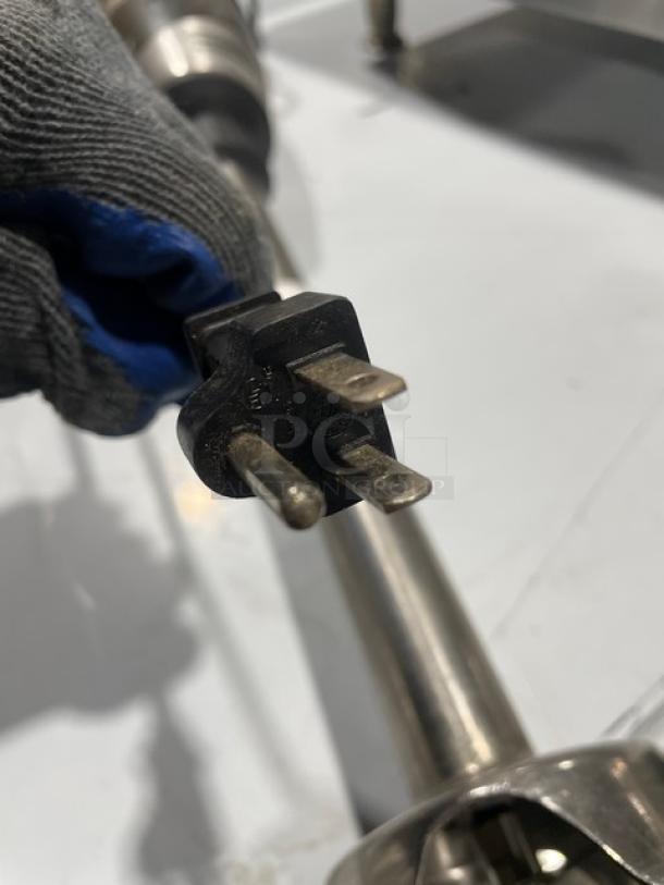 Waring Commercial Immersion Blender, Model WSB, 120V, stainless steel, handheld, shown with power plug, in good condition.