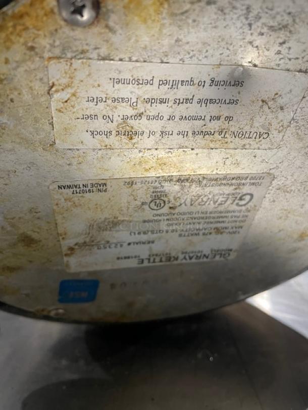 GlenRay 1010796 electric soup kettle, 10.5 Qt. capacity, black, SN 42350, 120V, visible wear, caution label intact.