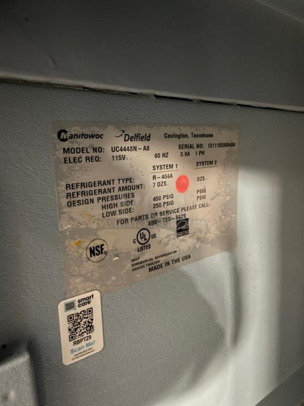 Delfield UC4448N-A8 commercial stainless steel undercounter 2-door refrigerator, poly-coated rack, on casters, 115V, 1 Phase.