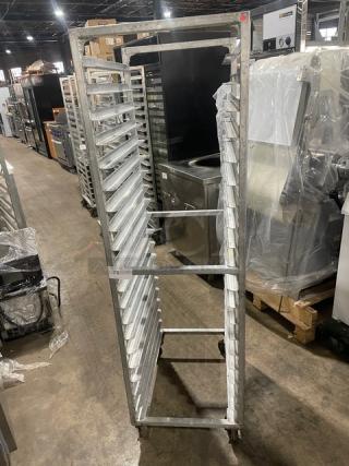 Commercial aluminum 20-pan end-load sheet pan rack in good condition, visible ID tag "73," ideal for holding and transport.