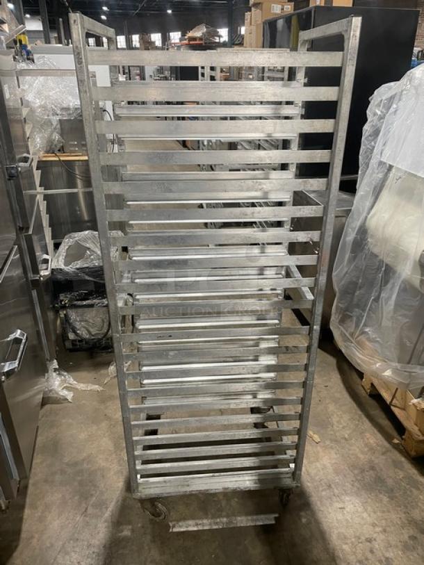 Commercial aluminum 20-pan end-load sheet pan rack, holds up to 20 pans, sturdy construction, ideal for transport and storage.