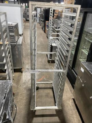 Commercial aluminum full-size heavy duty bun/sheet pan rack on casters, multiple shelves, used condition, label 74.