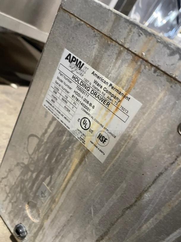 APW Wyott HDDi-1 Electric Warming Drawer, stainless steel, thermostatic controls, model HDDi1208BS, 208V, UL, NSF certified.