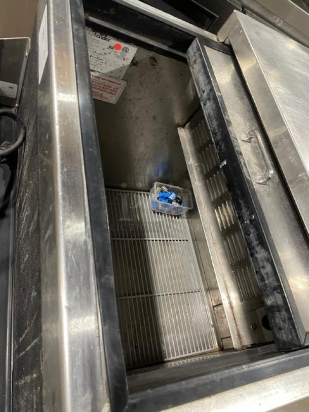 Glas Tender MF24B Commercial Glass Chiller with stainless steel and black finish, sliding top lid, and poly-coated wire rack.