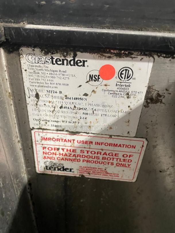 Glas Tender MF24B underbar glass chiller/froster, stainless steel/black, sliding lid, poly-coated rack, model and safety labels.