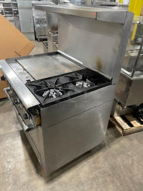 US Range Commercial Stainless Steel 2-Burner Griddle Oven Combo, natural gas, with backsplash, salamander shelf, on casters.