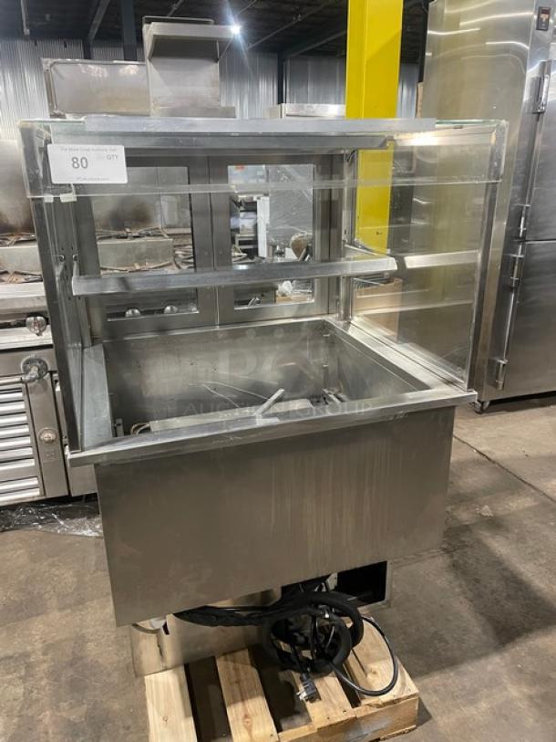 Stainless steel RPI Industries Vienna Series refrigerated merchandiser display case, Model VIAS2-20-R-SQ-SC, with glass doors.