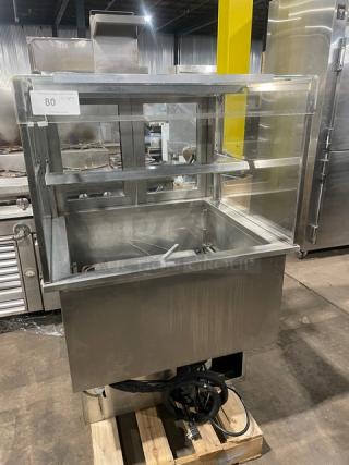 Stainless steel RPI Industries Vienna Series refrigerated merchandiser display case, Model VIAS2-20-R-SQ-SC, with glass doors.