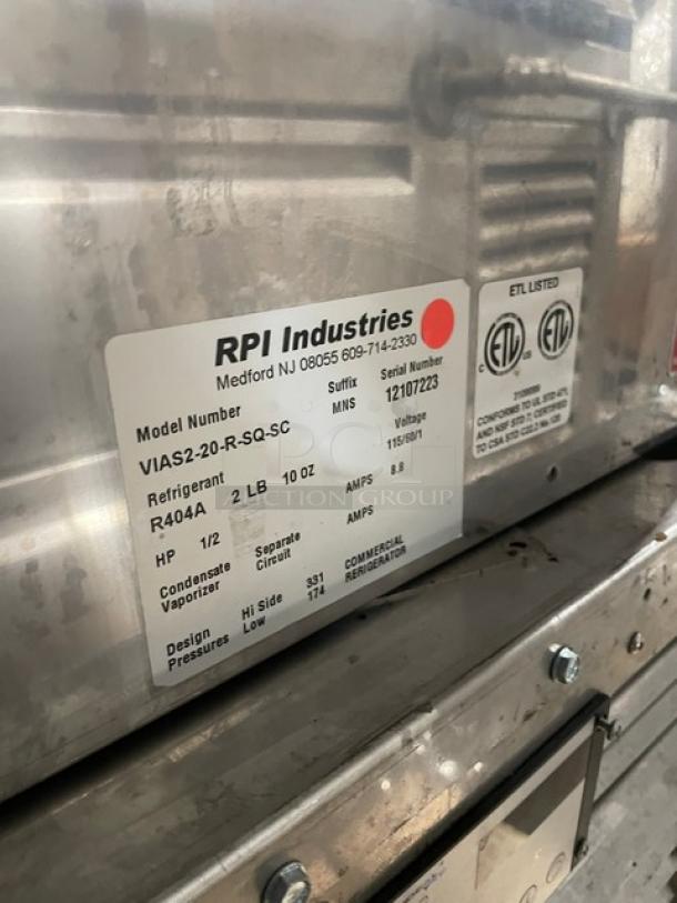RPI Industries Vienna Series commercial stainless steel refrigerated display case. Model VIAS2-20-R-SQ-SC, SN 12107223, 115V 1 Phase.