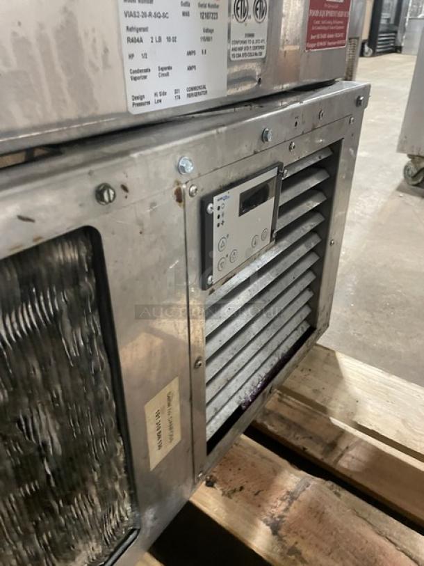RPI Industries Vienna Series refrigerated display case, Model VIAS2-20-R-SQ-SC. Features stainless steel finish, rear access glass doors, control panel, and serial number 12107223.