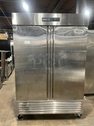 Asber APR49HF stainless steel 2-door reach-in refrigerator, poly coated rack, 115V, on casters, visible brand label.