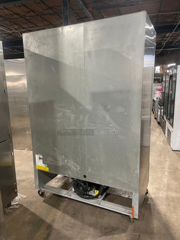 Asber APR49HF stainless steel 2-door reach-in refrigerator with poly coated wire rack, on casters; 115V, 1 phase.