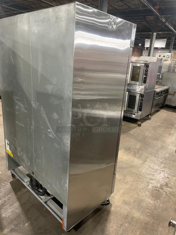 Asber APR49HF stainless steel 2-door reach-in refrigerator on casters, with poly-coated wired rack, commercial use.