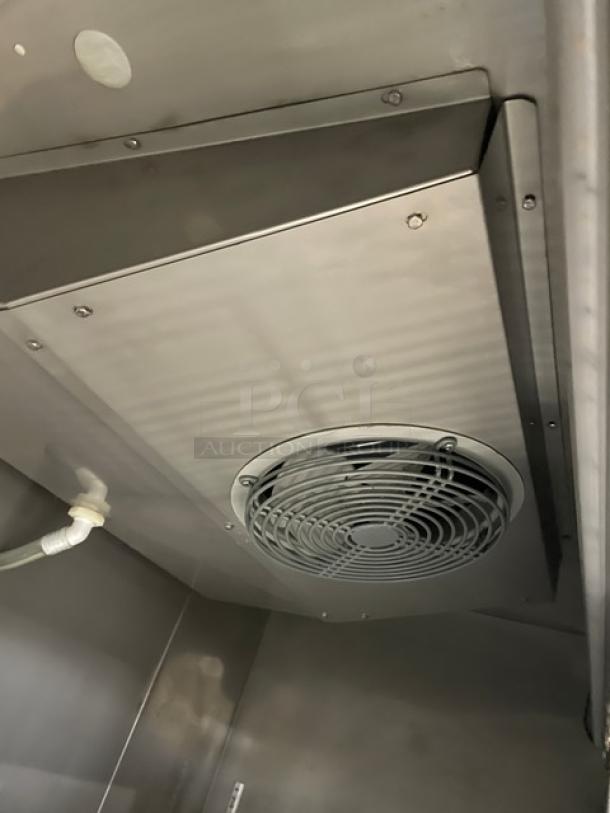 Asber APR49HF commercial stainless steel 2-door reach-in refrigerator interior fan detail. Model: APR49HF, Serial: 8101715004.