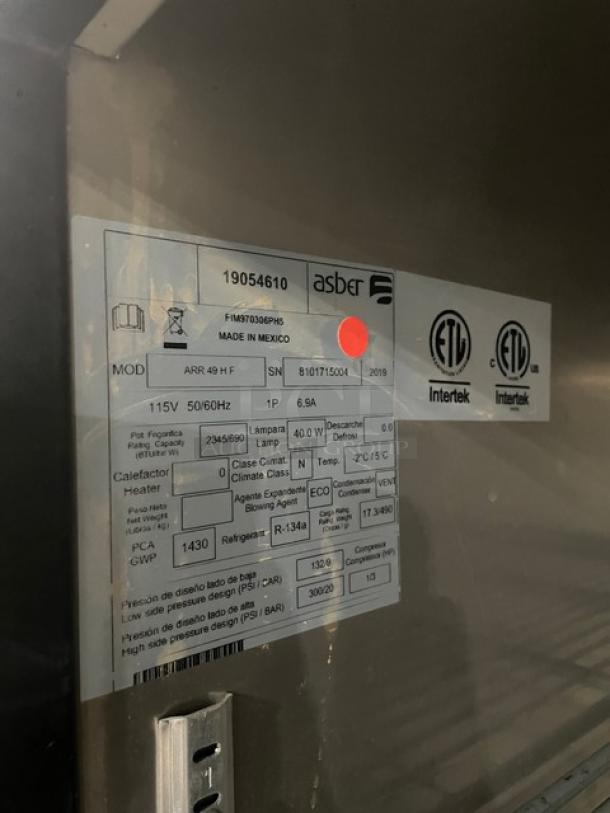 Asber APR49HF Stainless Steel 2-Door Refrigerator, model and serial number label, ETL certified, 115V, 1 phase.