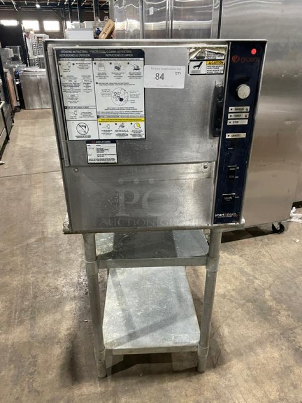 Groen Smart Steam 100 Series SSB-3E stainless steel electric convection steamer on dual section stand with pan rack, used.