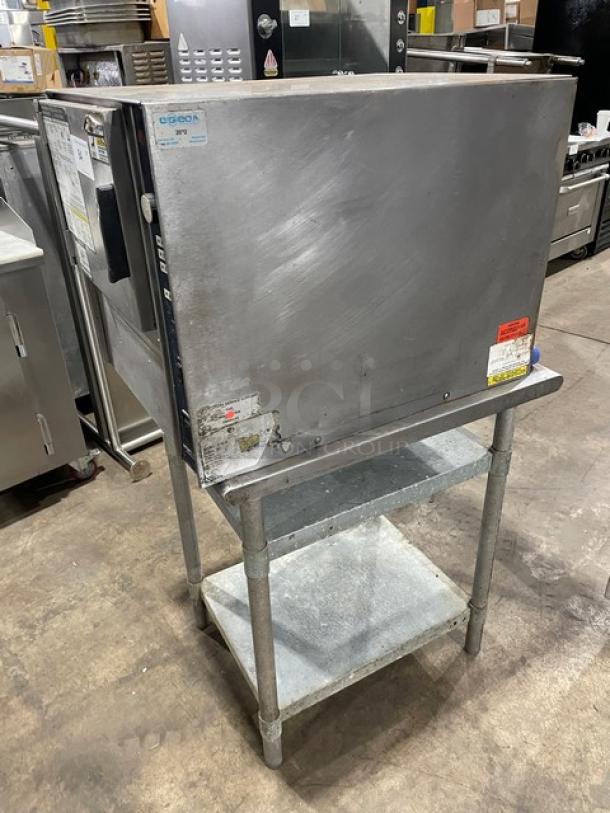 Groen Smart Steam 100 Series SSB3E countertop convection steamer with dual section stand and built-in pan rack, stainless steel.