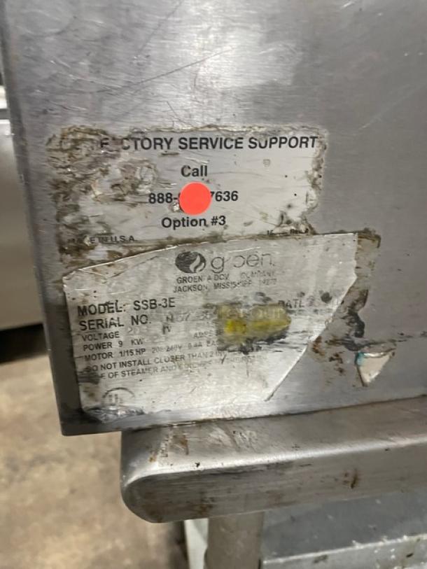 Groen Smart Steam 100 Series commercial stainless steel convection steamer, Model SSB-3E, with worn service labels.