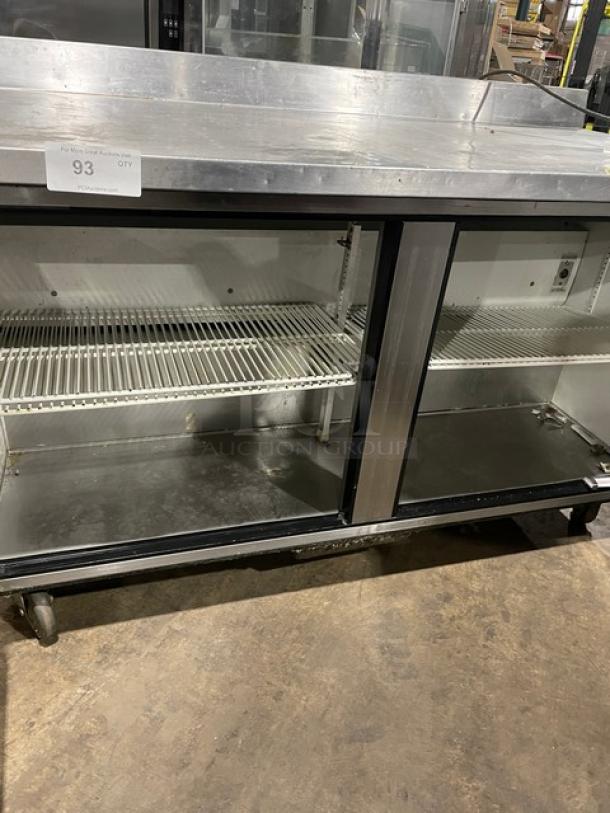 True TWT-60 stainless steel 2-door worktop refrigerator, Energy Star certified, with backsplash and poly coated wired rack.