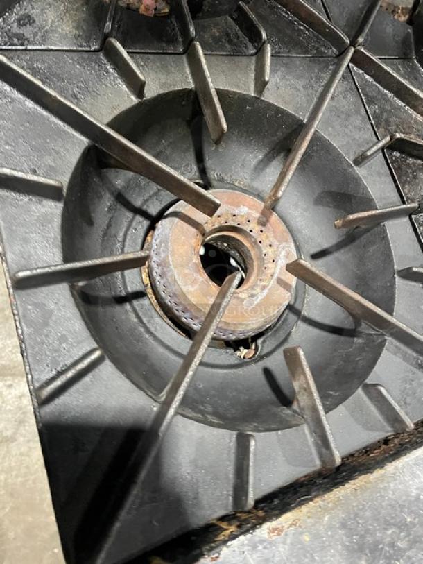 Vulcan Model 36L 6-burner stainless steel range/oven with backsplash and overhead salamander. Natural gas, on casters.