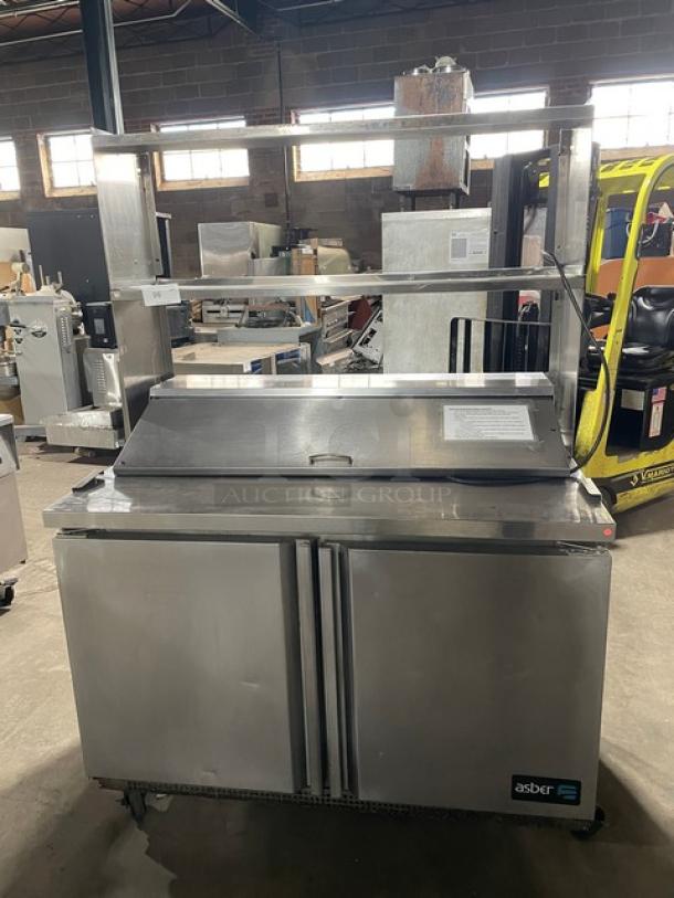 Asber APTS4812 stainless steel salad/sandwich prep table, 2-door, refrigerated, overhead storage, on casters, 115V.