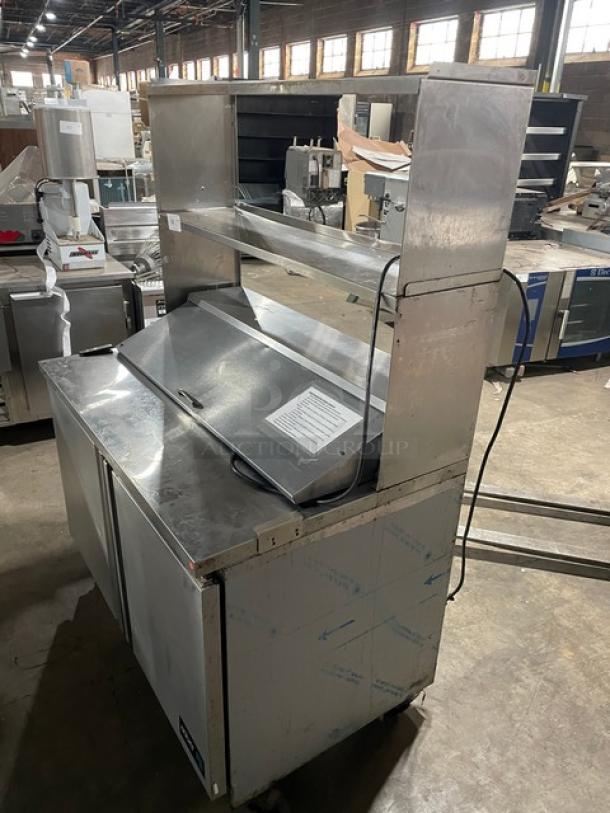 Asber Commercial Stainless Steel 2-Door Bain Marie Prep Table, Model APTS4812, with overhead shelves and casters.
