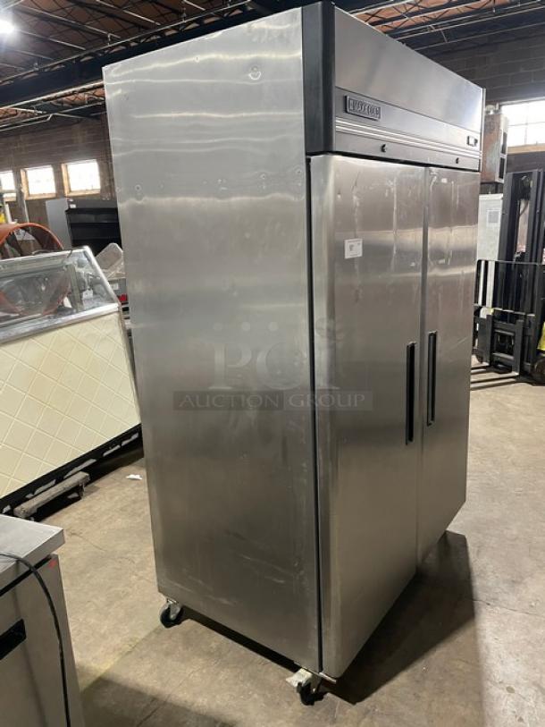 Maxx Cold stainless steel 2-door commercial freezer, model MXCF-49FD, on casters, with poly-coated rack. Serial: 6037885.