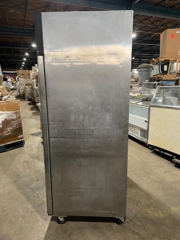 Maxx Cold stainless steel 2-door commercial freezer, model MXCF49FD, on casters, with poly-coated wire rack.