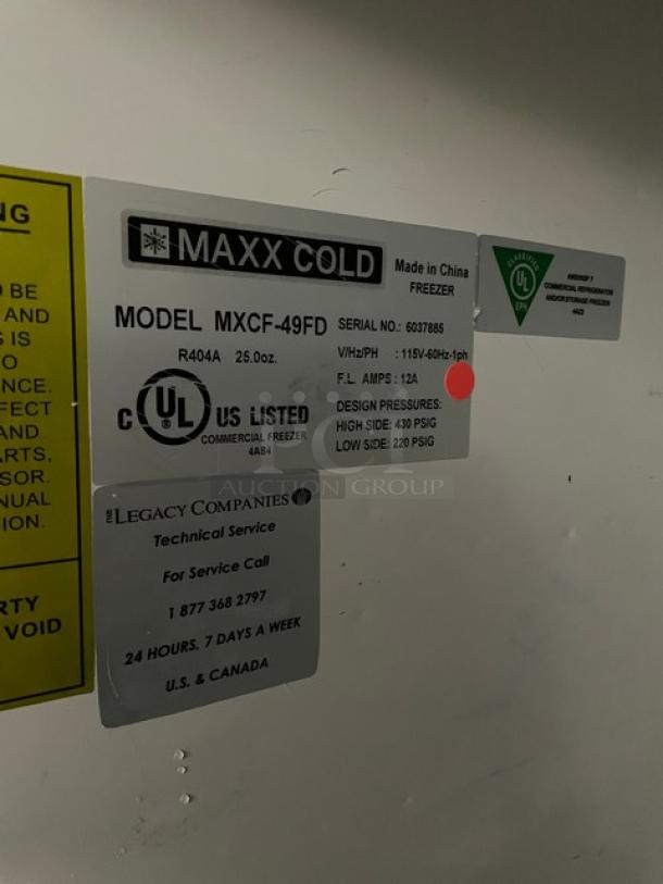 Maxx Cold MXCF-49FD commercial freezer label, model MXCF-49FD, SN: 6037885, 115V 1 phase, UL certified.