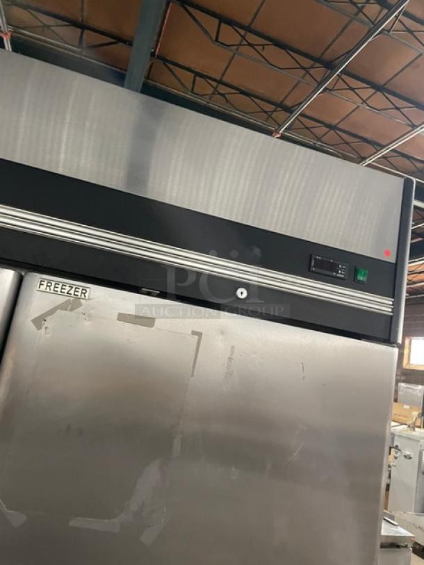 Maxx Cold stainless steel 2-door reach-in freezer, Model MXCF-49FD, on casters, includes poly-coated wire rack, 115V 1-phase.