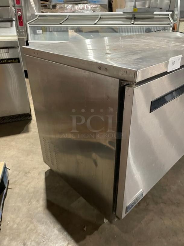Arctic Air AUC60RZ stainless steel 2-door lowboy cooler on casters, with poly-coated wire rack. Model: AUC60RZ, 115V, SN: H22055130.