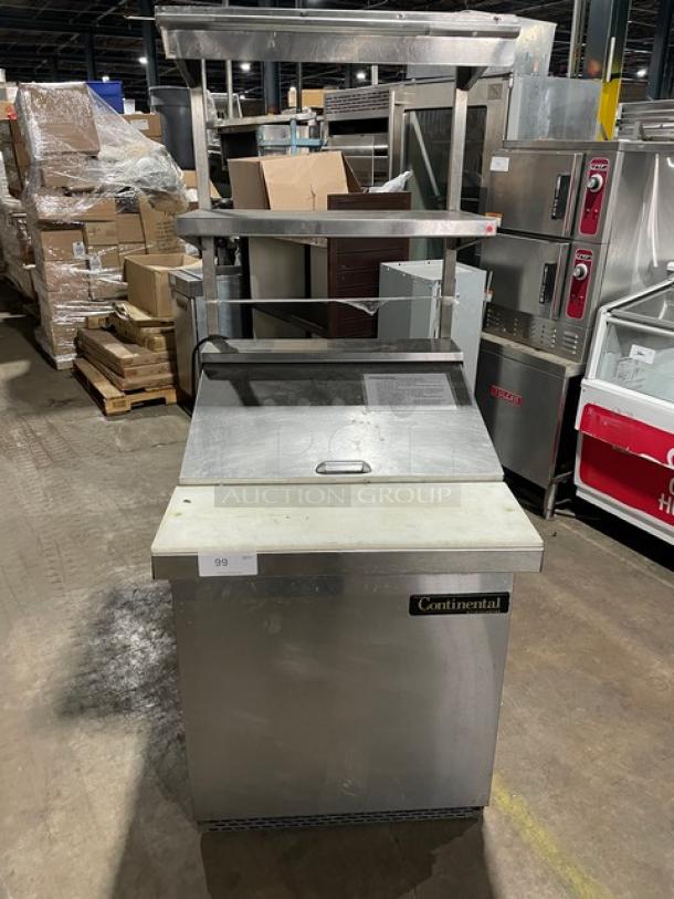 Continental Commercial Stainless Steel Prep Table, Model DW2712M, with refrigerated base, cutting board, overhead shelves, poly rack.