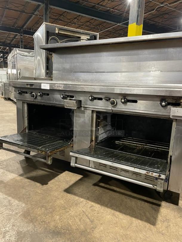 Garland H289RC72GTH Commercial Griddle Range/Double Oven, stainless steel, natural gas, casters, with salamander shelf.