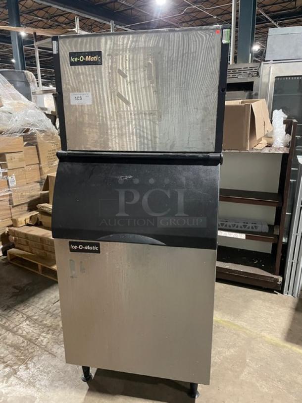 Ice-O-Matic ICE0400HA4 commercial ice maker, stainless steel, air-cooled, on legs, model ICE0400HA4, visible branding.