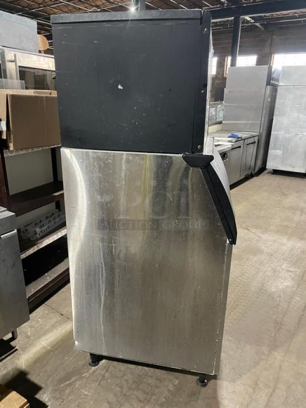 Ice-O-Matic ICE0400HA4 stainless steel ice machine with bin. Electric-powered, air-cooled, on legs, 115V, 1 Phase.