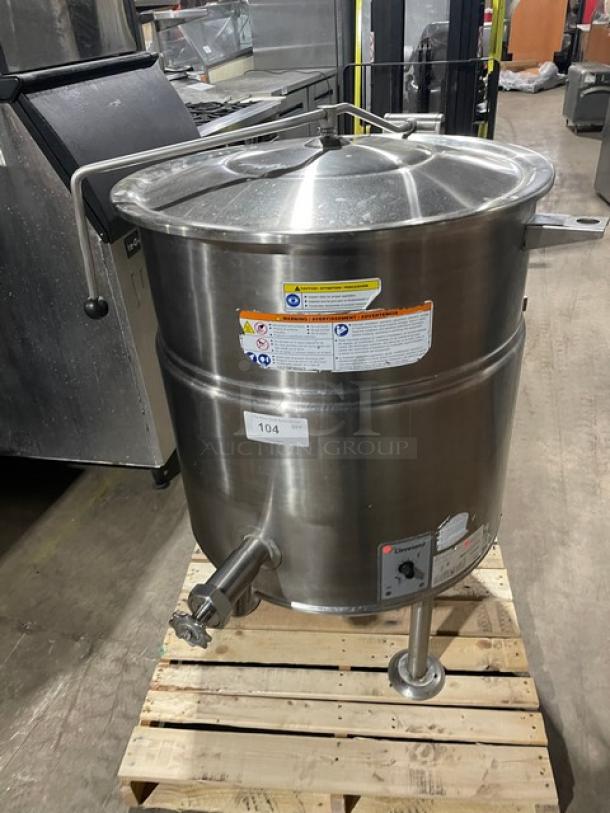 Cleveland Range KEL40 steam kettle, stainless steel, 40-gallon, electric, steam jacketed, stationary, on legs, labeled controls.