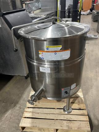 Cleveland Range KEL40 steam kettle, stainless steel, 40-gallon, electric, steam jacketed, stationary, on legs, labeled controls.