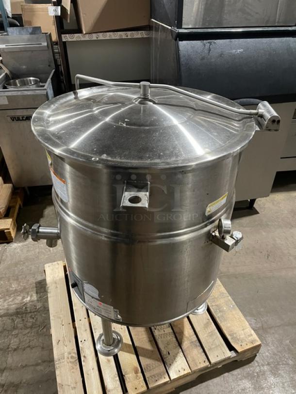 Cleveland Range KEL40 steam jacketed stainless steel kettle, 40 gal capacity, on sturdy legs, electric powered, used condition.